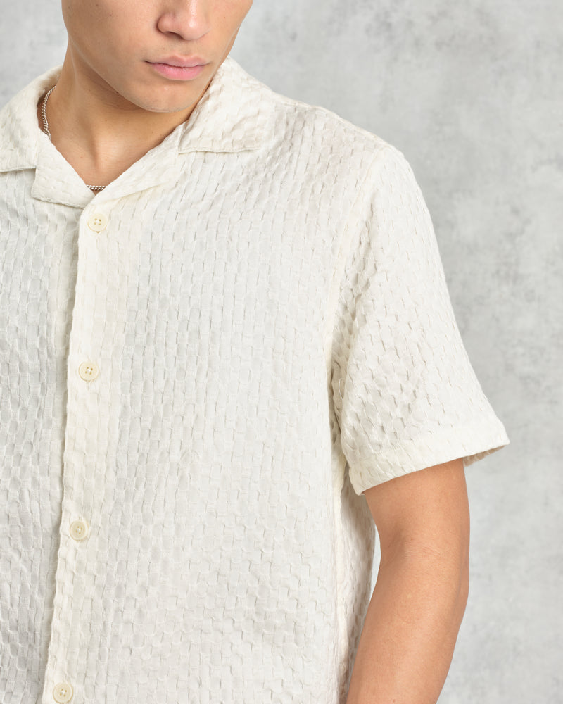 wax london Lido - Ecru Dobby Cotton Weave Short-Sleeve Shirt