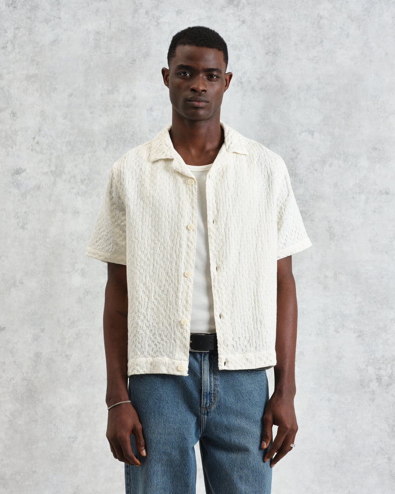 wax london men's Lido - Ecru Dobby Cotton Weave Short-Sleeve Shirt