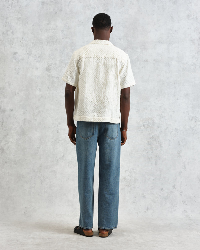 wax london men's Lido - Ecru Dobby Cotton Weave Short-Sleeve Shirt