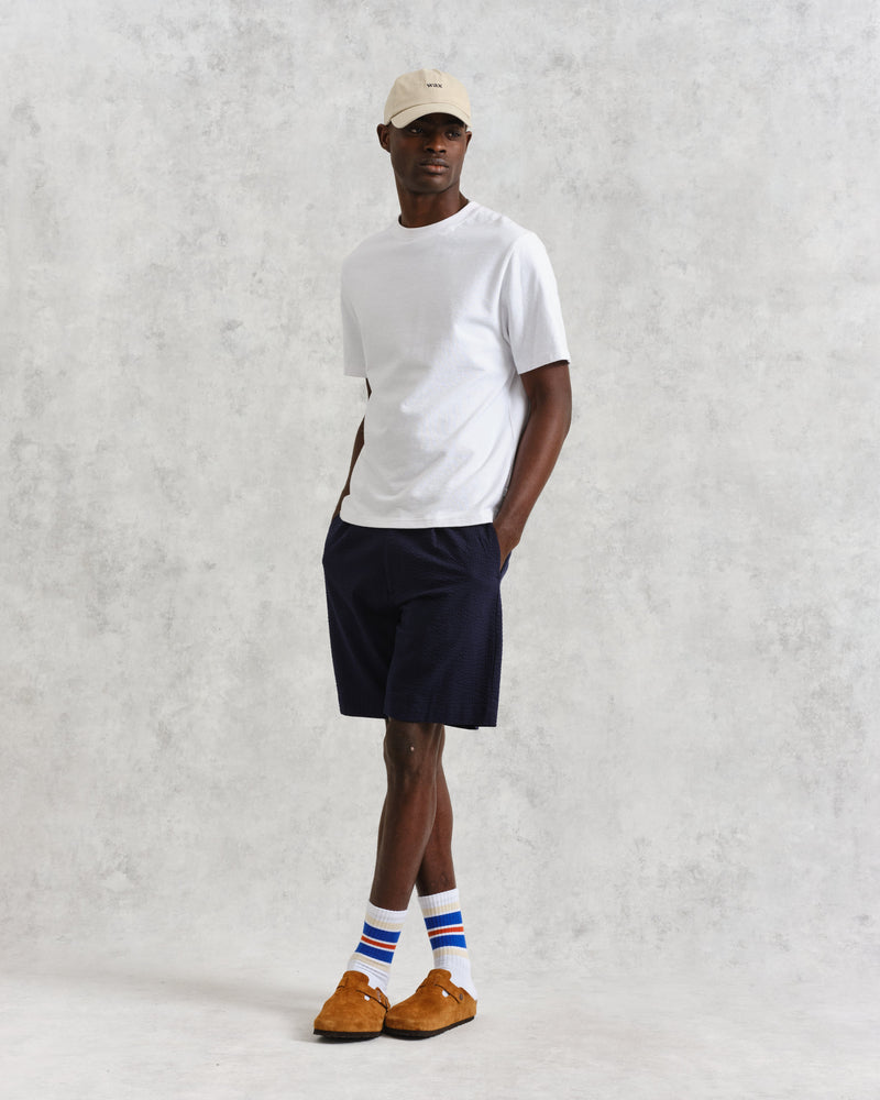 wax london Linton - Navy Cotton Seersucker Pleated Shorts