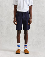 wax london Linton - Navy Cotton Seersucker Pleated Shorts