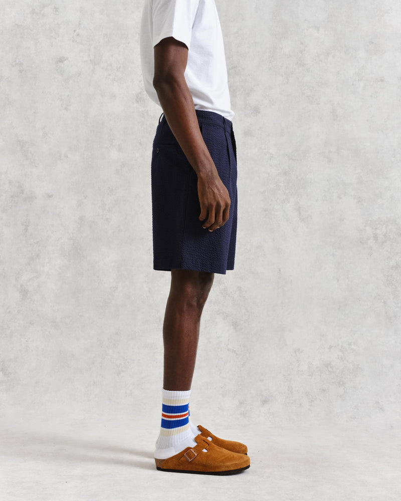 wax london Linton - Navy Cotton Seersucker Pleated Shorts