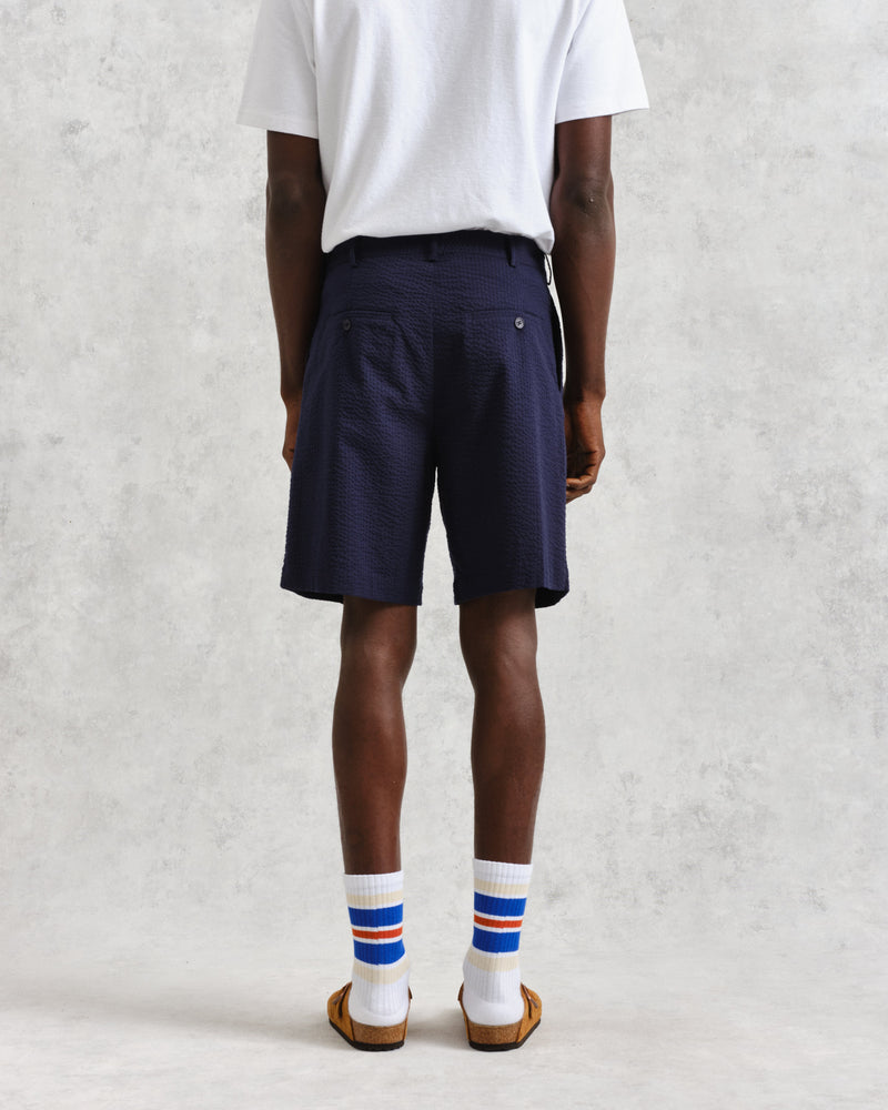 wax london Linton - Navy Cotton Seersucker Pleated Shorts