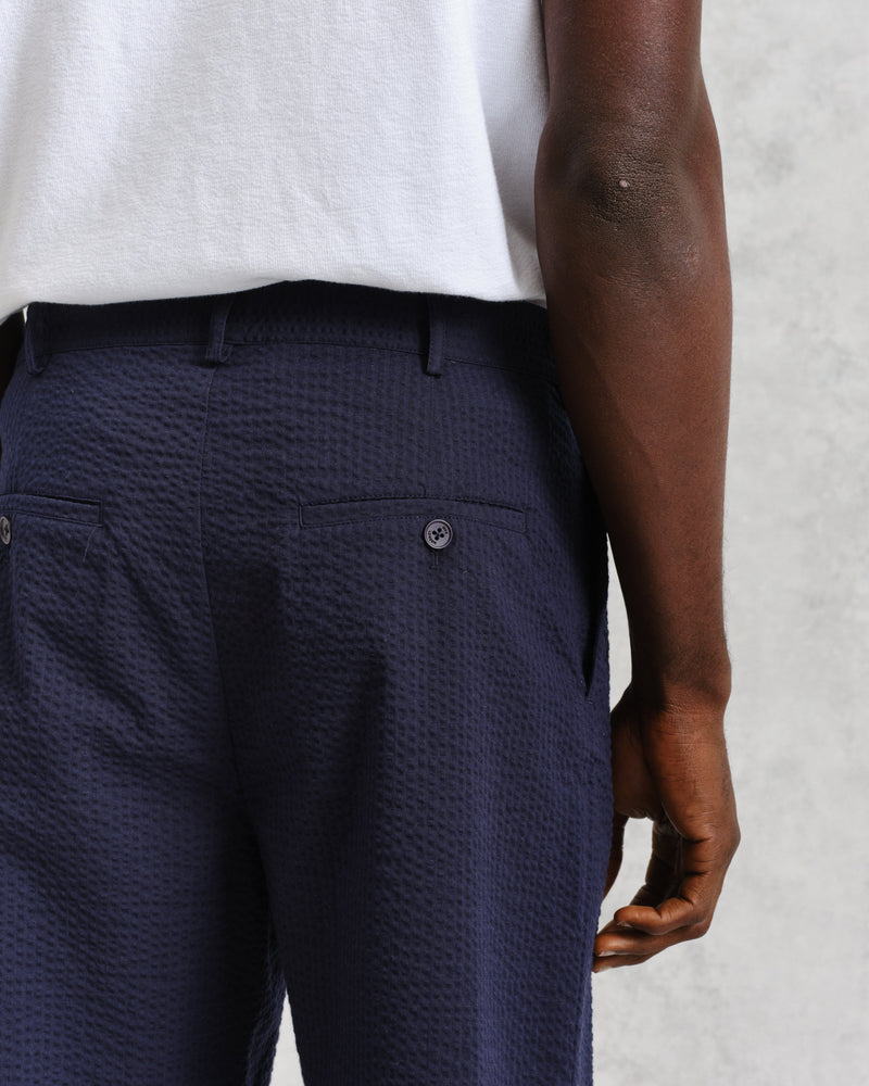 wax london Linton - Navy Cotton Seersucker Pleated Shorts