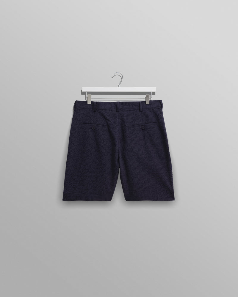 wax london Linton - Navy Cotton Seersucker Pleated Shorts