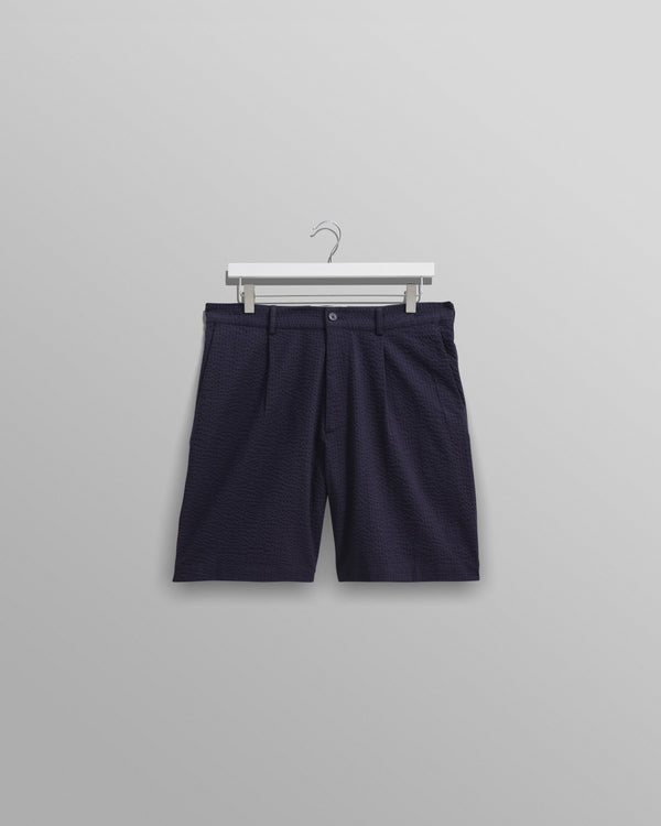wax london men's Linton - Navy Cotton Seersucker Pleated Shorts