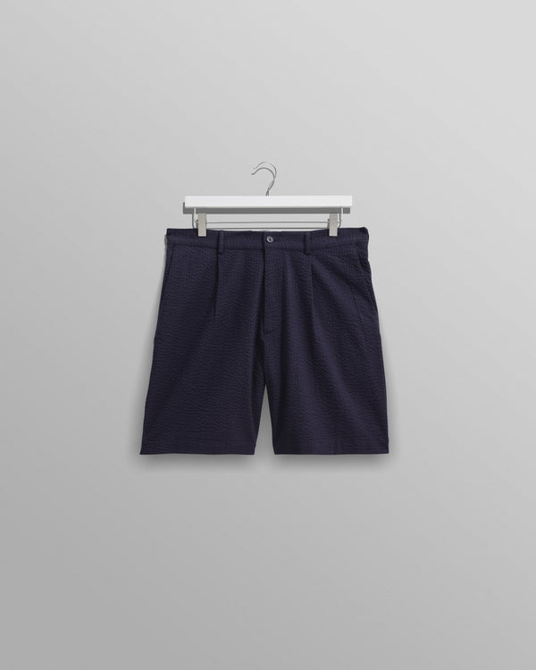 wax london Linton - Navy Cotton Seersucker Pleated Shorts