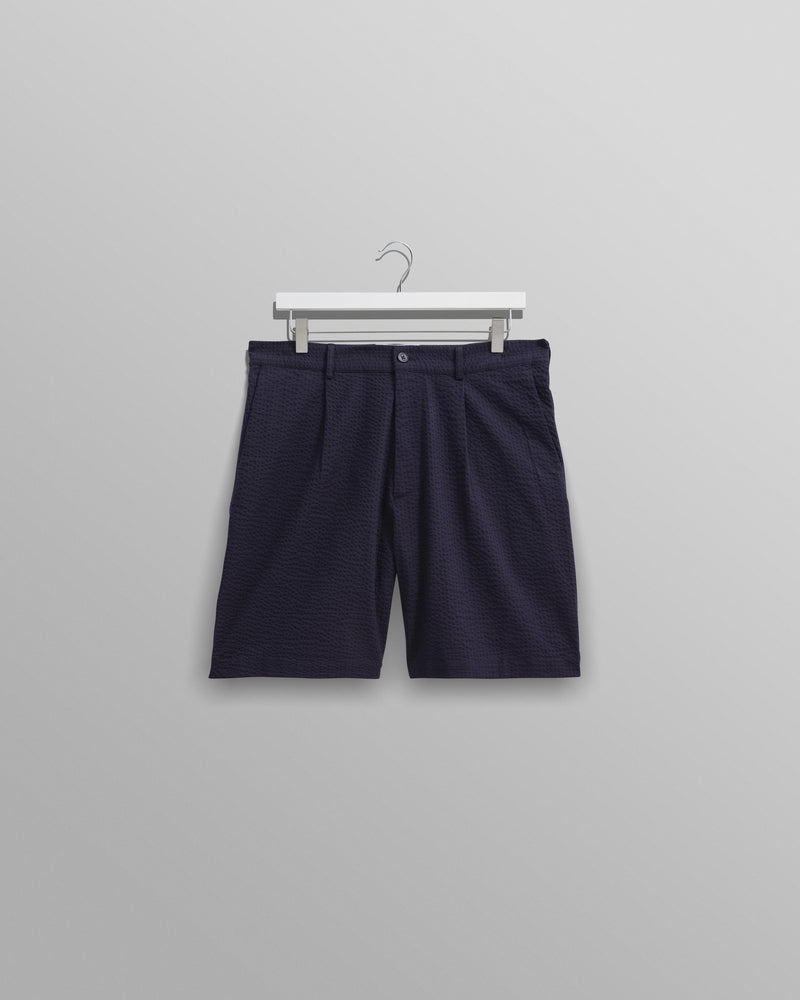 wax london Linton - Navy Cotton Seersucker Pleated Shorts