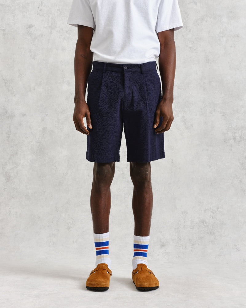 wax london Linton Pleat Shorts Navy Seersucker