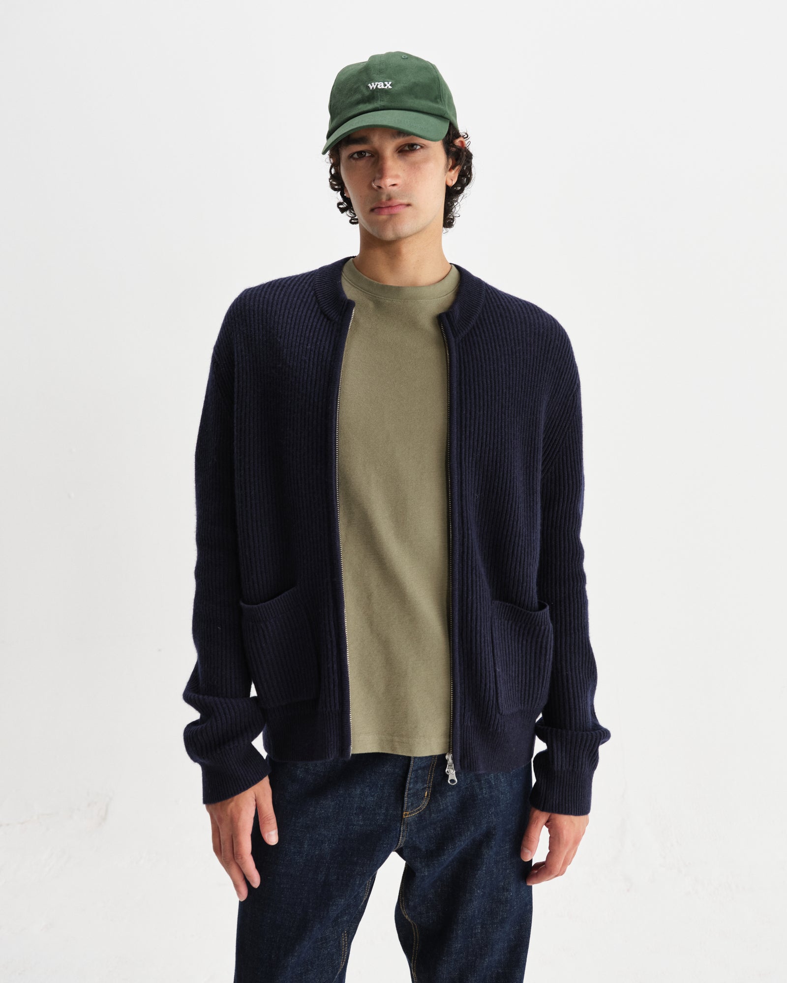 Men's Navy Stitch Zip Cardigan | Wax London