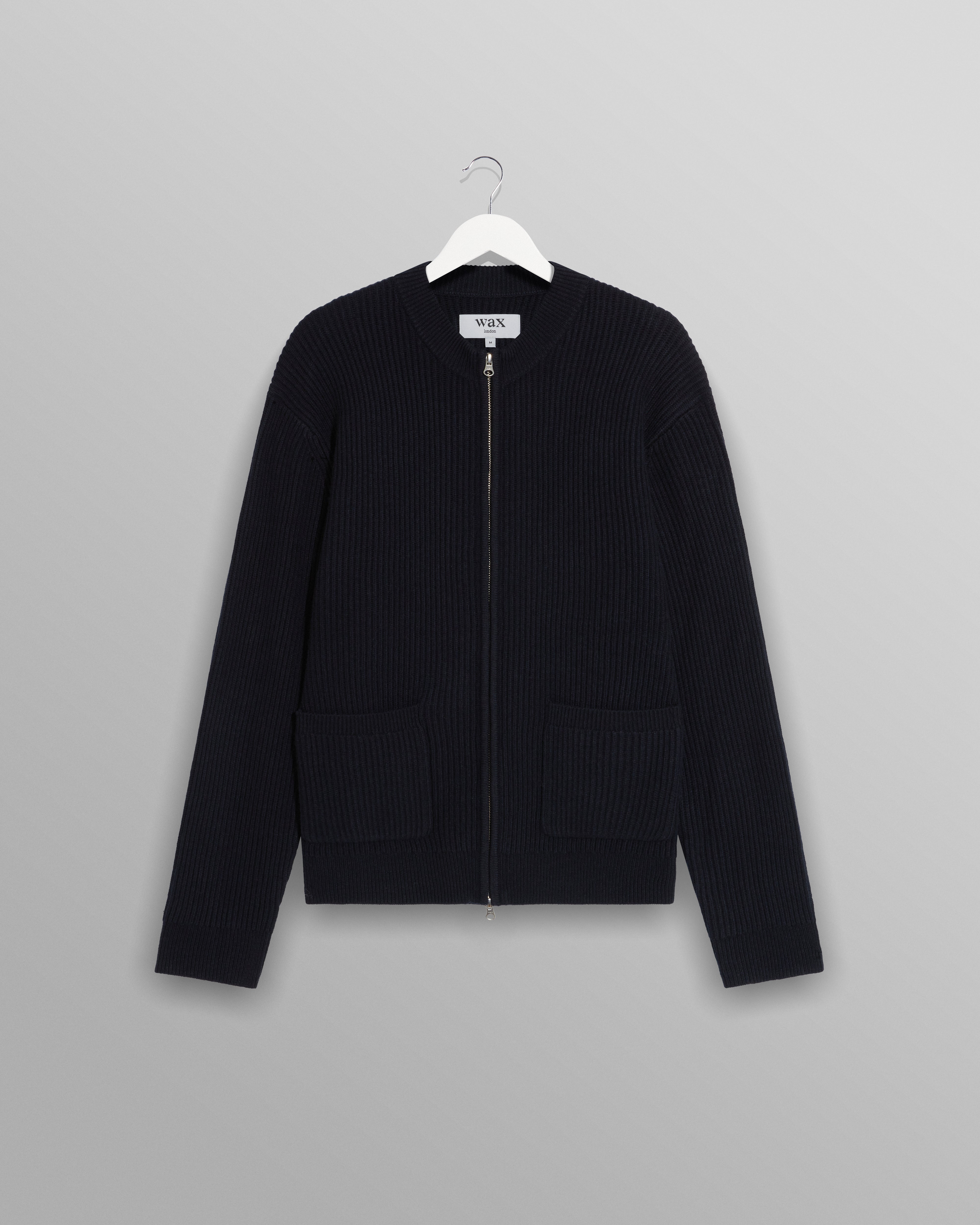 type cardigan”羊革“ 黒“ 短丈“bomber jacket Men's Navy Stitch Zip Cardigan | Wax London