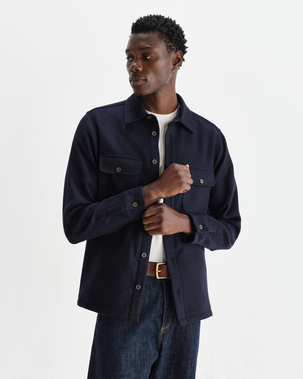 wax london men's Lomond - Navy Heavy Wool Overshirt