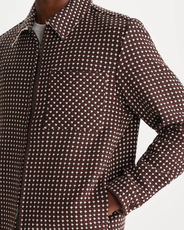 wax london men's Lytton - Brown And Ecru Hash Check Zip Overshirt
