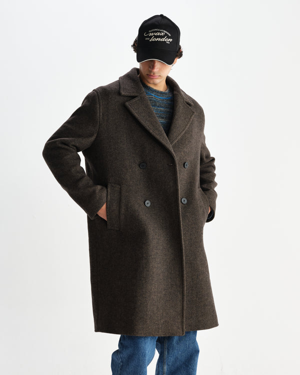 wax london men's Magnus - Brown Herringbone Double-Breasted Wool Overcoat