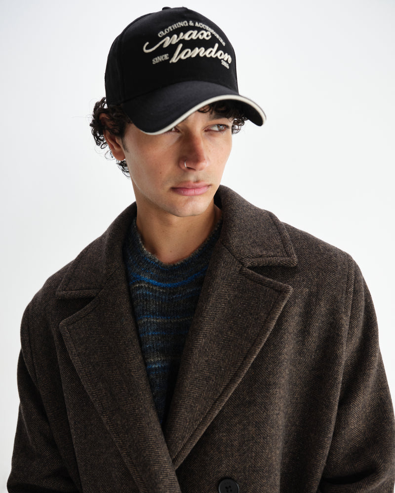 wax london men's Magnus - Brown Herringbone Double-Breasted Wool Overcoat