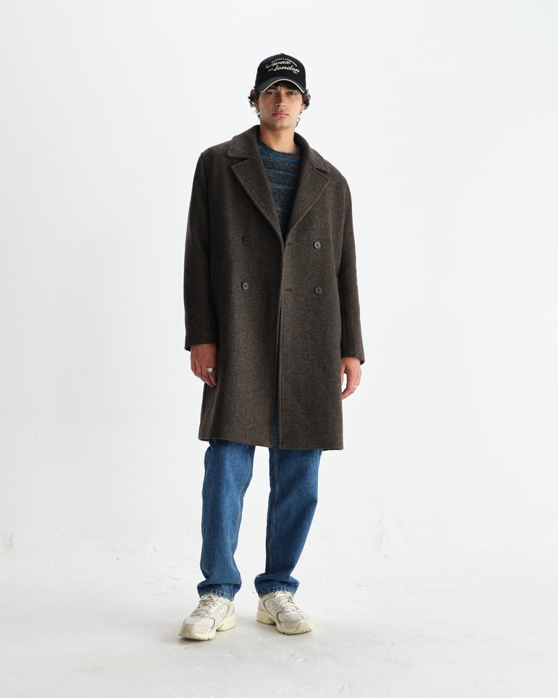 wax london men's Magnus - Brown Herringbone Double-Breasted Wool Overcoat