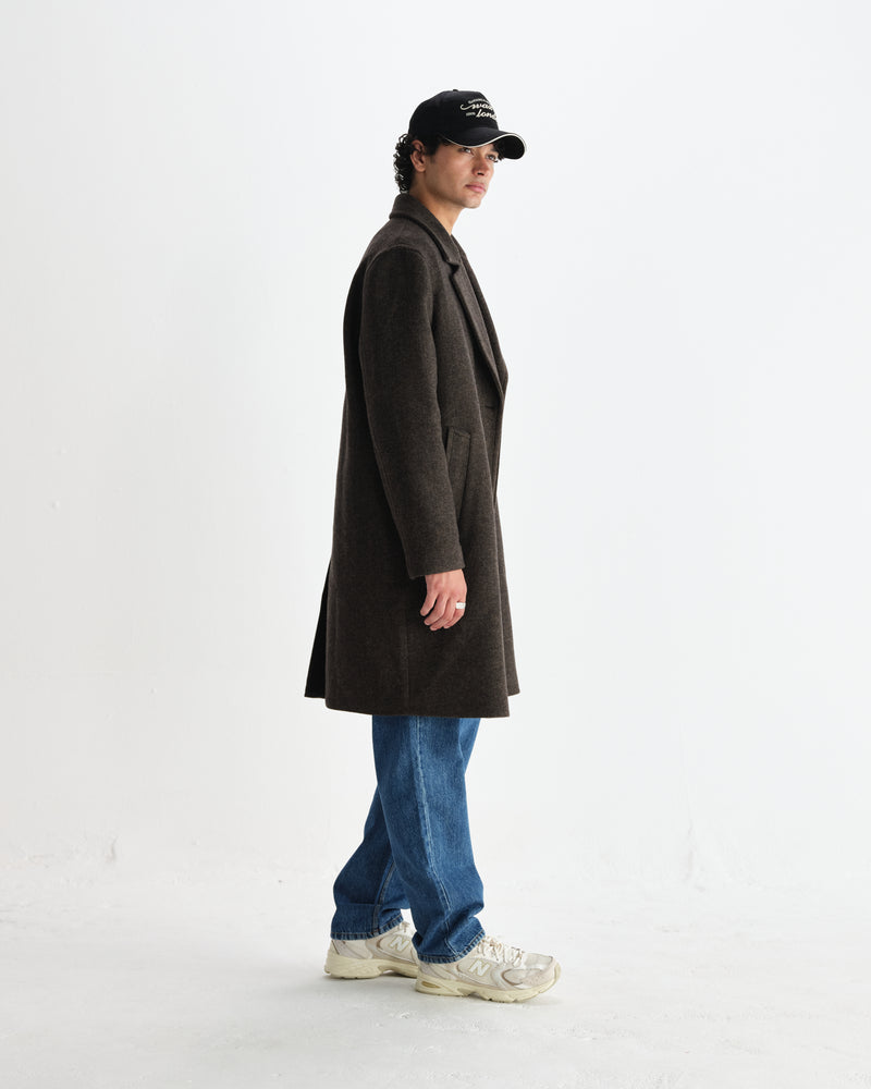 wax london men's Magnus - Brown Herringbone Double-Breasted Wool Overcoat