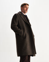wax london men's Magnus - Brown Herringbone Double-Breasted Wool Overcoat