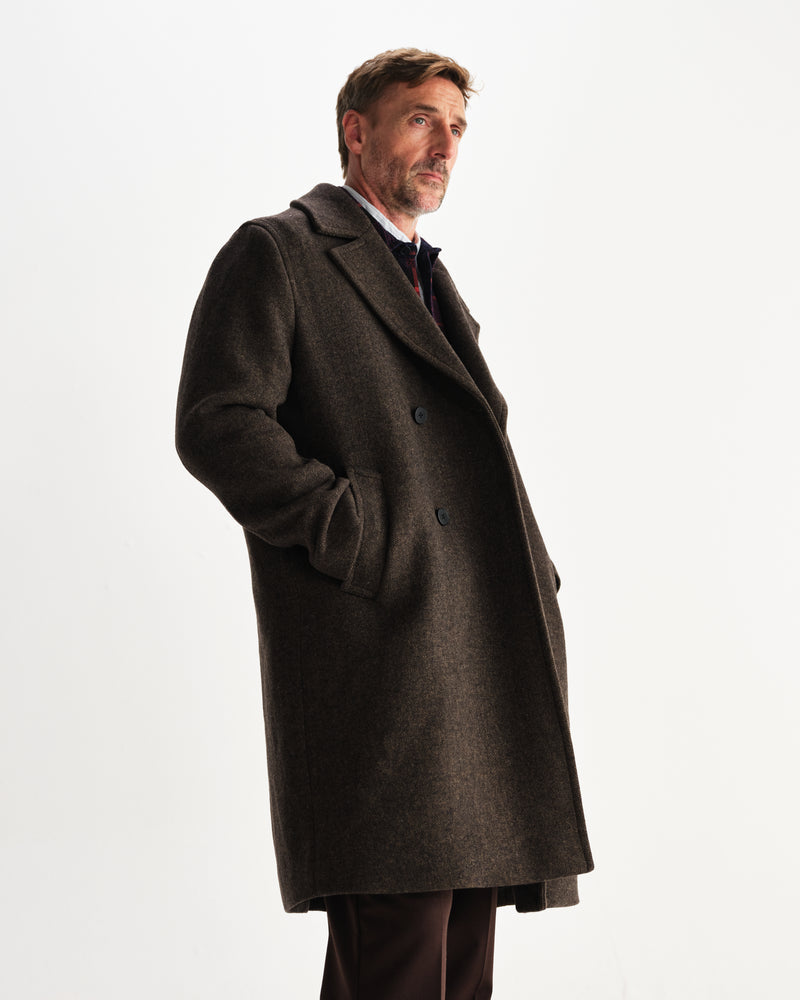wax london men's Magnus - Brown Herringbone Double-Breasted Wool Overcoat