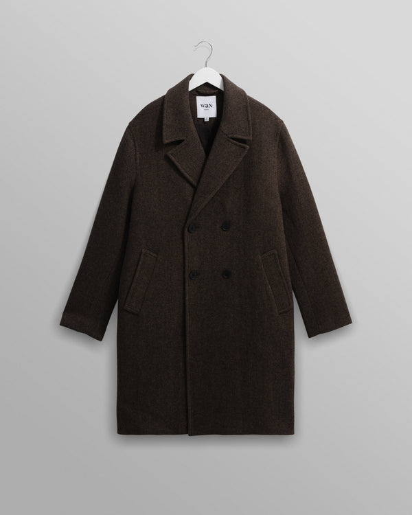 wax london men's Magnus - Brown Herringbone Double-Breasted Wool Overcoat