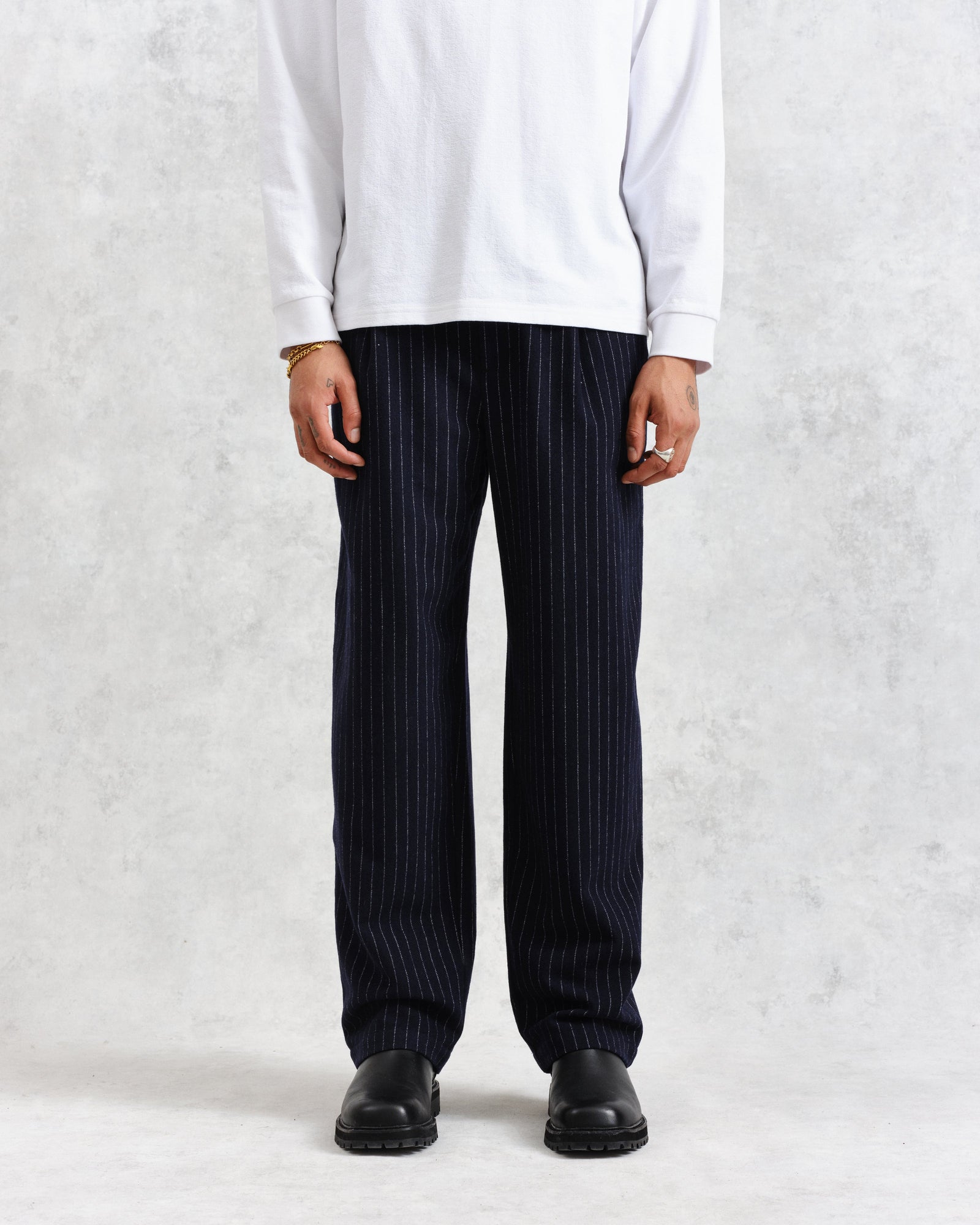 Malham - Navy Pinstripe Wool Trousers | Wax London
