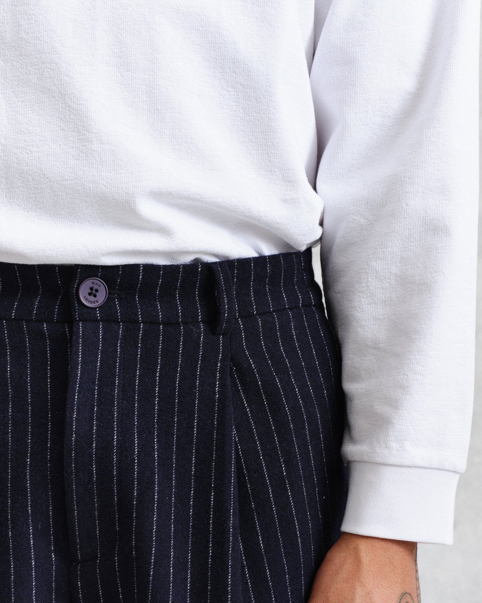 Malham - Navy Pinstripe Wool Trousers | Wax London