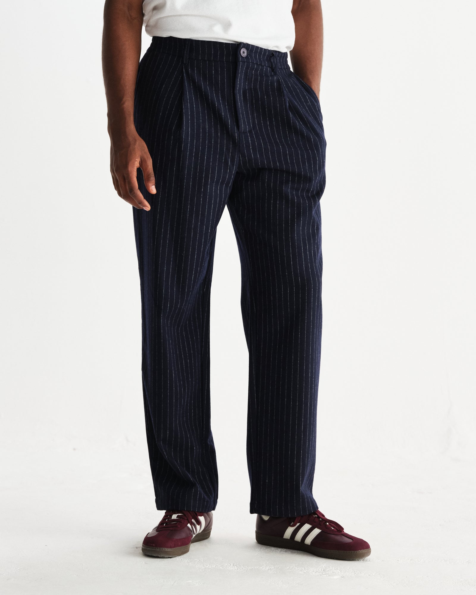 Men's Navy Pinstripe Wool Trousers | Wax London