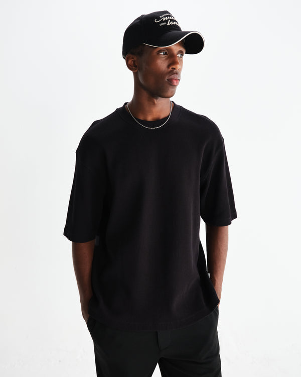 wax london men's Milton - Black Organic Waffle Cotton T-Shirt