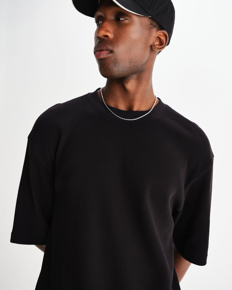 wax london men's Milton - Black Organic Waffle Cotton T-Shirt