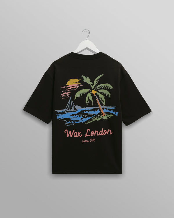 wax london men's Milton - Black Painted Beach Graphic Cotton T-Shirt