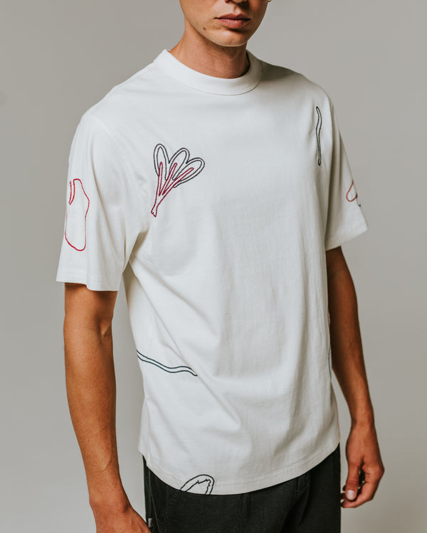 wax london Milton - Ecru Embroidered Organic Cotton T-Shirt