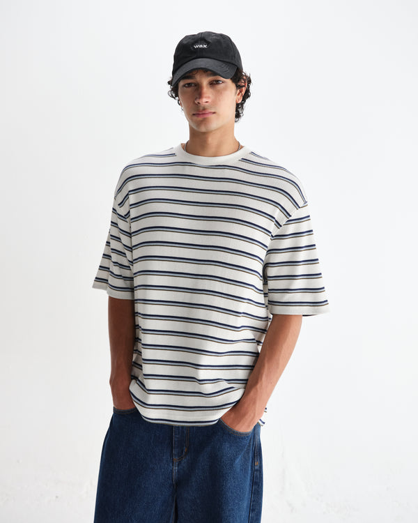 wax london men's Milton - Ecru Organic Stripe Waffle Cotton T-Shirt