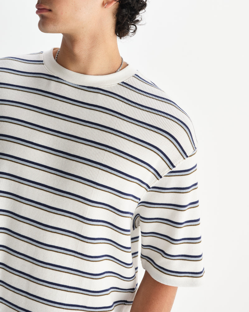wax london men's Milton - Ecru Organic Stripe Waffle Cotton T-Shirt