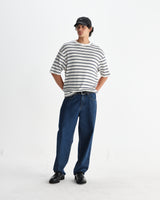 wax london men's Milton - Ecru Organic Stripe Waffle Cotton T-Shirt