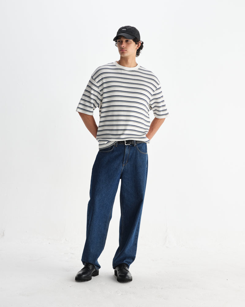 wax london men's Milton - Ecru Organic Stripe Waffle Cotton T-Shirt