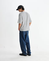 wax london men's Milton - Ecru Organic Stripe Waffle Cotton T-Shirt