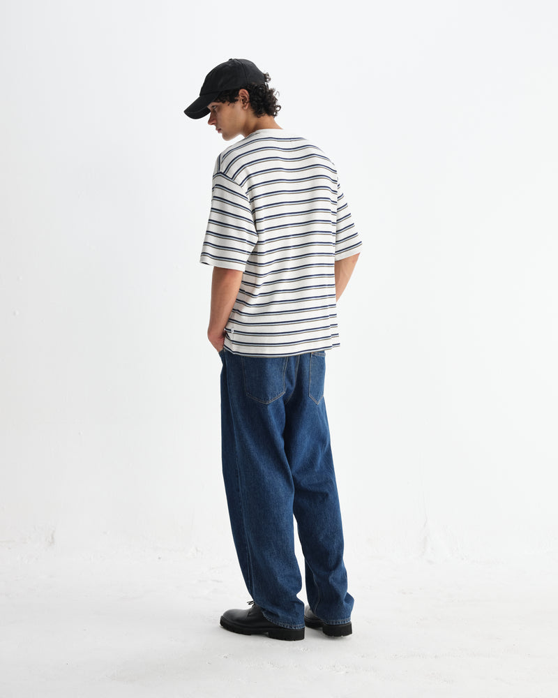 wax london men's Milton - Ecru Organic Stripe Waffle Cotton T-Shirt