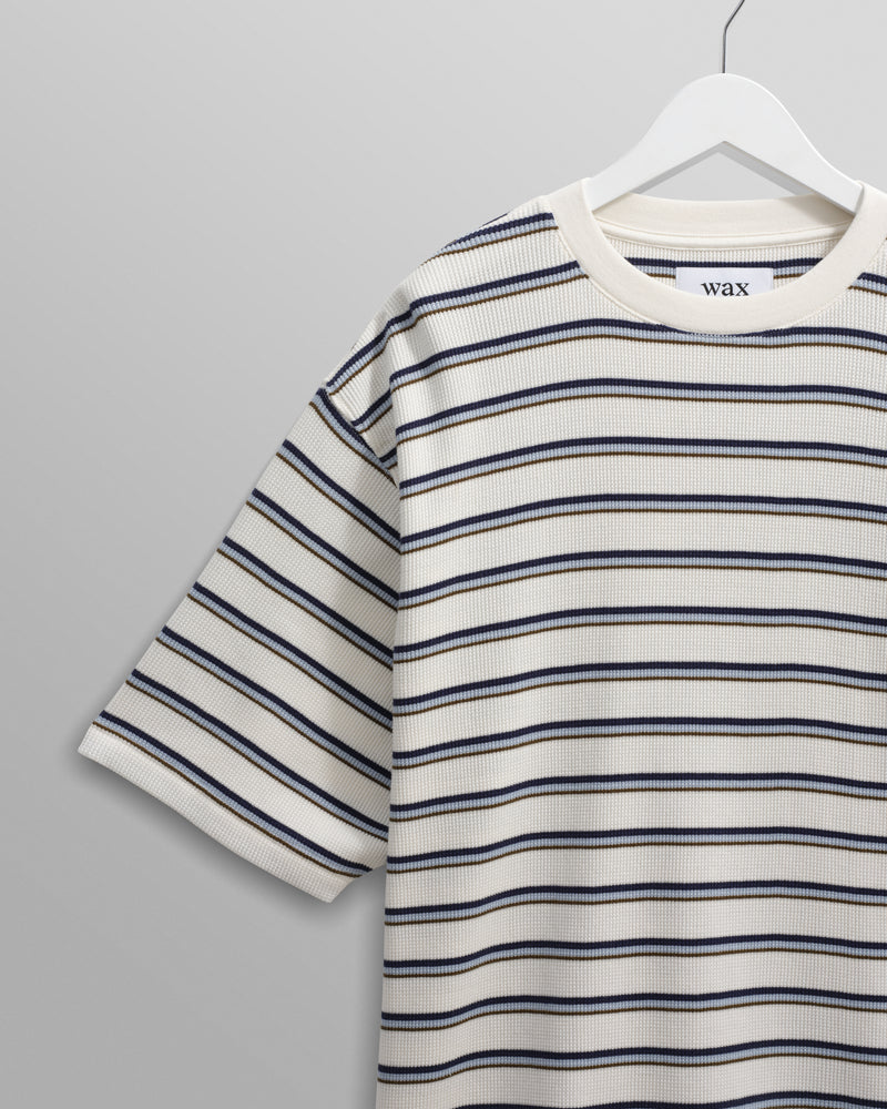 wax london men's Milton - Ecru Organic Stripe Waffle Cotton T-Shirt
