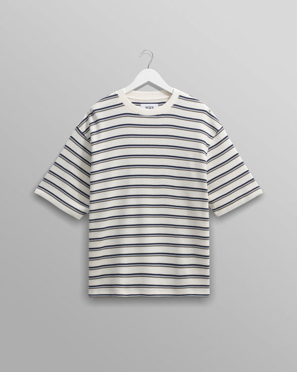wax london men's Milton - Ecru Organic Stripe Waffle Cotton T-Shirt