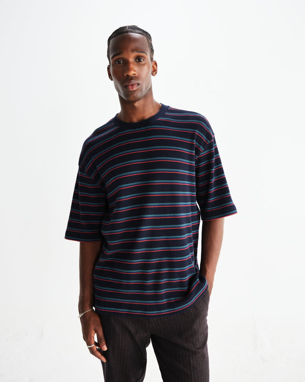 wax london men's Milton - Navy Organic Stripe Waffle Cotton T-Shirt