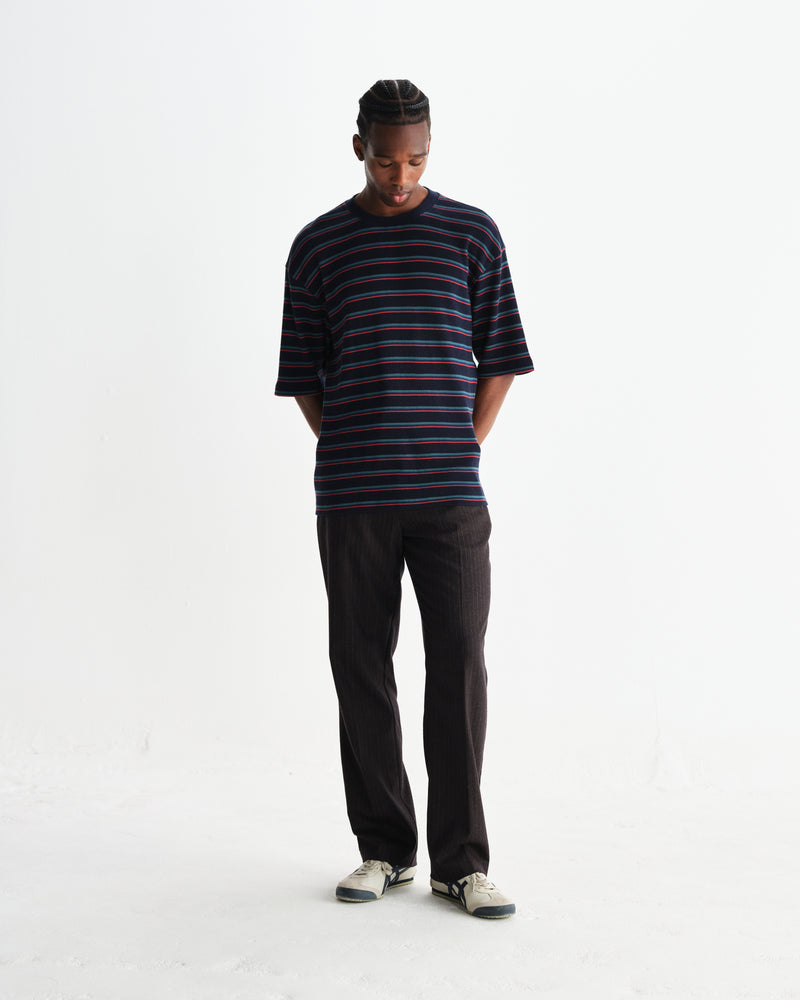 wax london men's Milton - Navy Organic Stripe Waffle Cotton T-Shirt