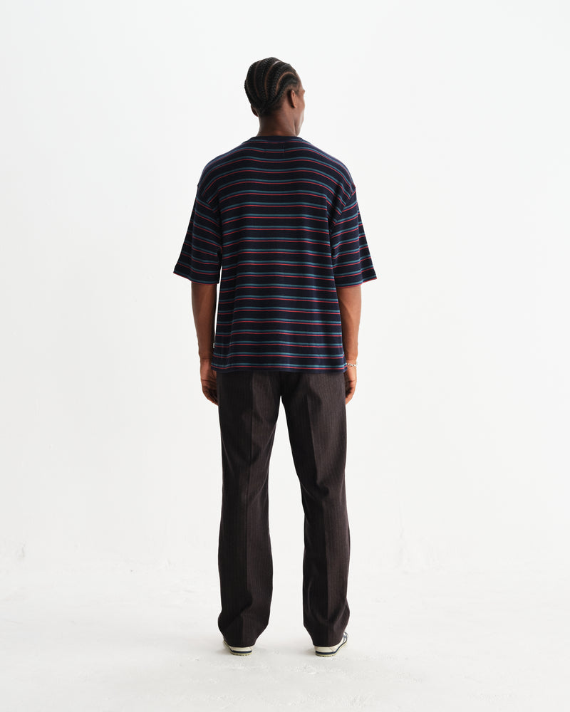 wax london men's Milton - Navy Organic Stripe Waffle Cotton T-Shirt