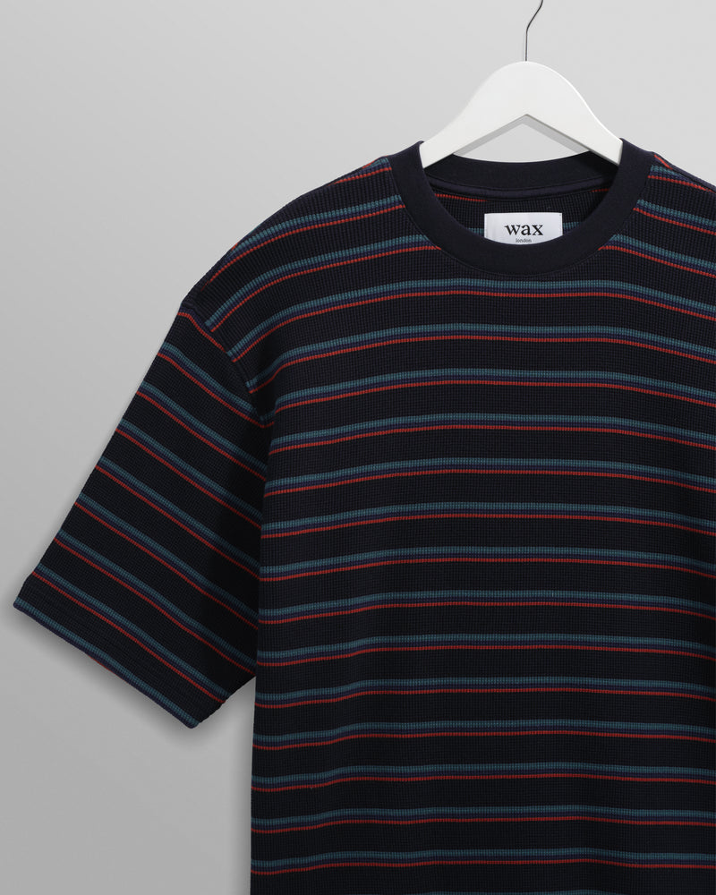 wax london men's Milton - Navy Organic Stripe Waffle Cotton T-Shirt