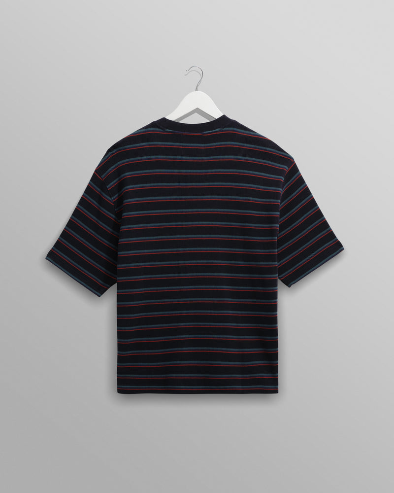 wax london men's Milton - Navy Organic Stripe Waffle Cotton T-Shirt