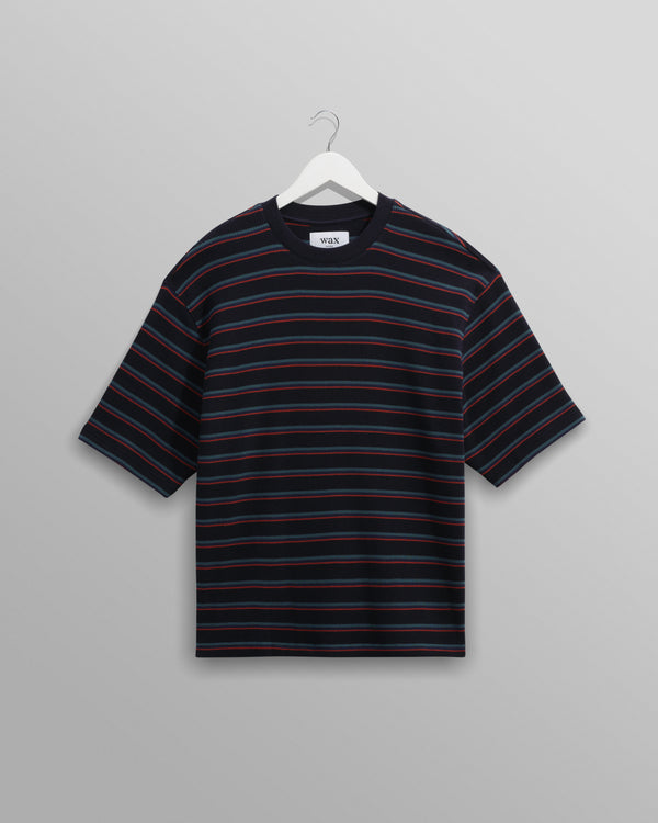 wax london men's Milton - Navy Organic Stripe Waffle Cotton T-Shirt