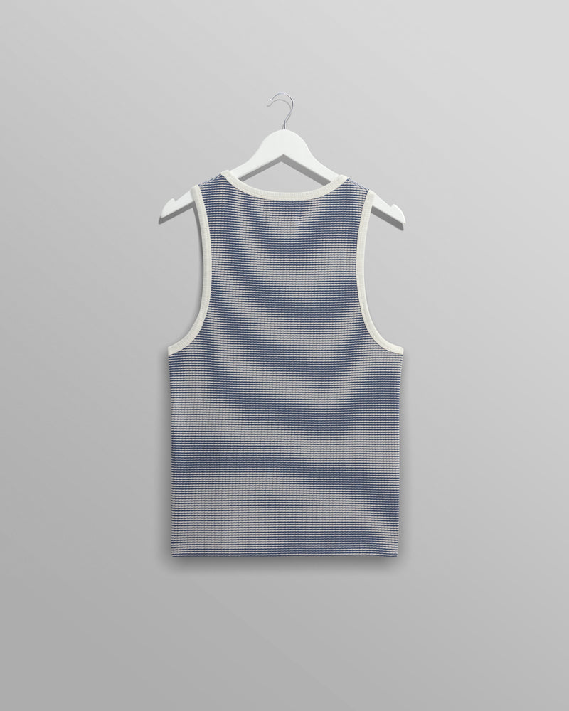 wax london Montague - Blue And Ecru Striped Ribbed Organic Cotton Vest