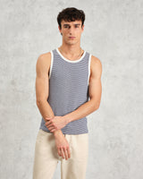 wax london Montague - Blue And Ecru Striped Ribbed Organic Cotton Vest