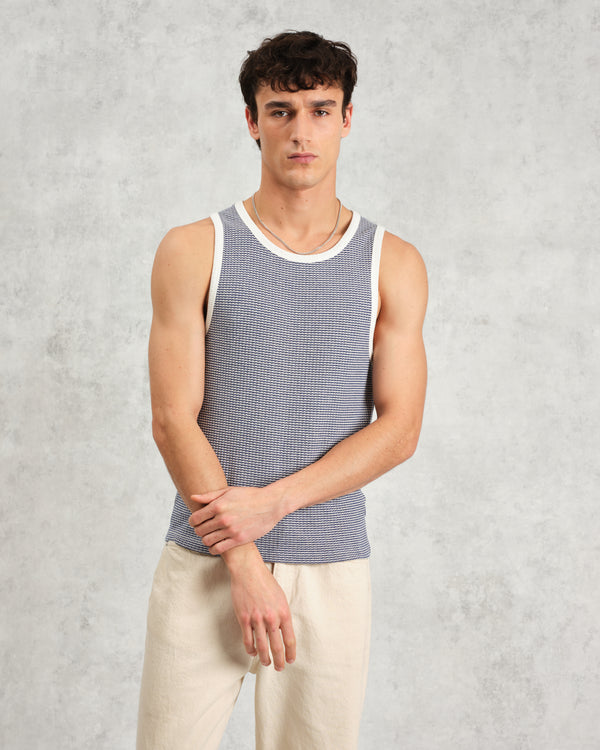 wax london Montague - Blue And Ecru Striped Ribbed Organic Cotton Vest