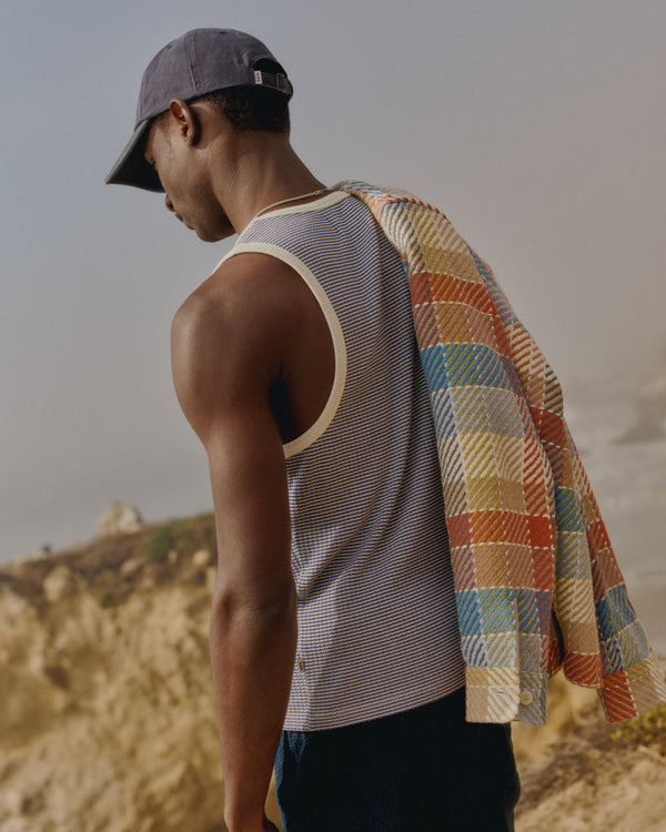 wax london men's Montague - Blue And Ecru Striped Ribbed Organic Cotton Vest