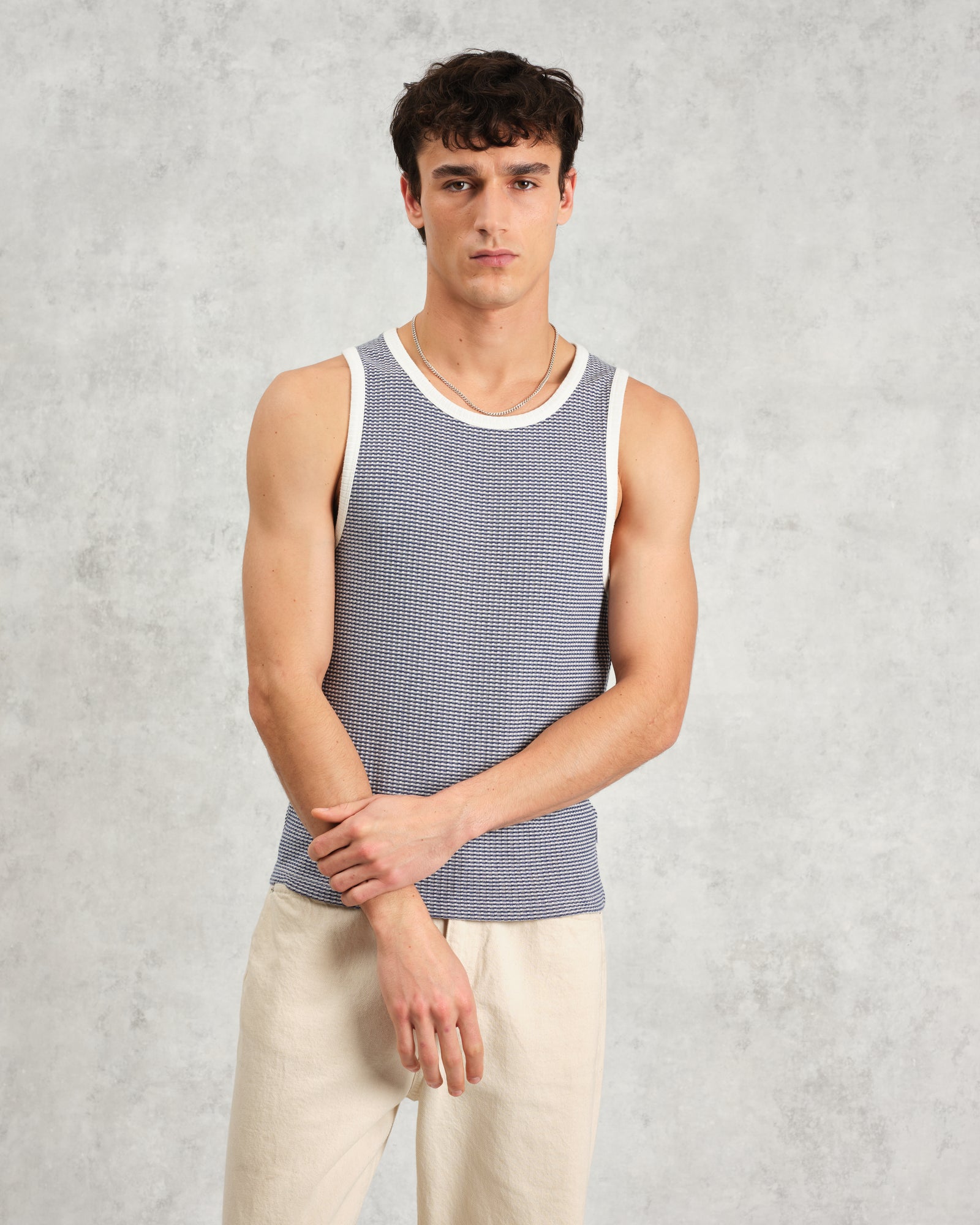 Men's Blue And Ecru Striped Organic Cotton Vest Wax London